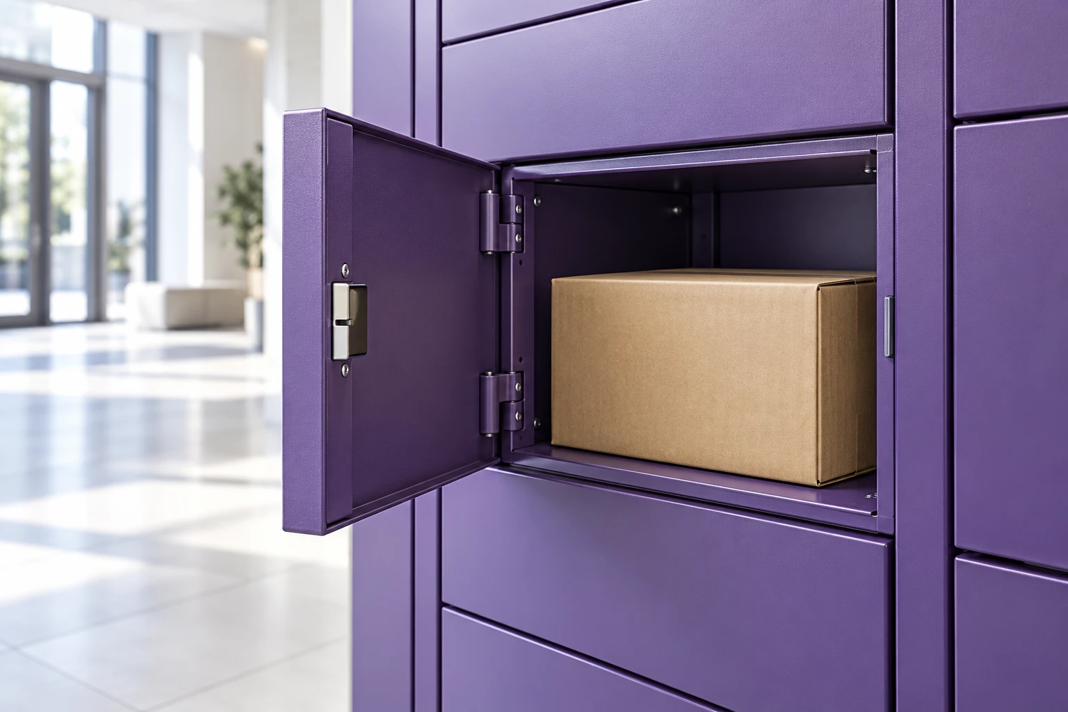 Package stored inside a purple locker compartment