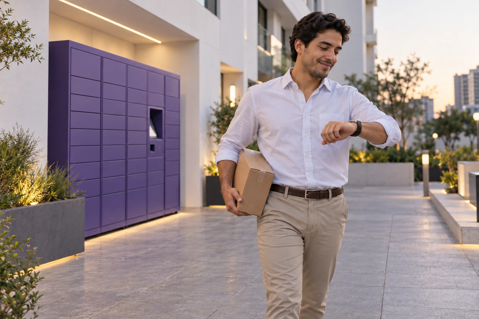Customer checking his watch after collecting a package from a locker