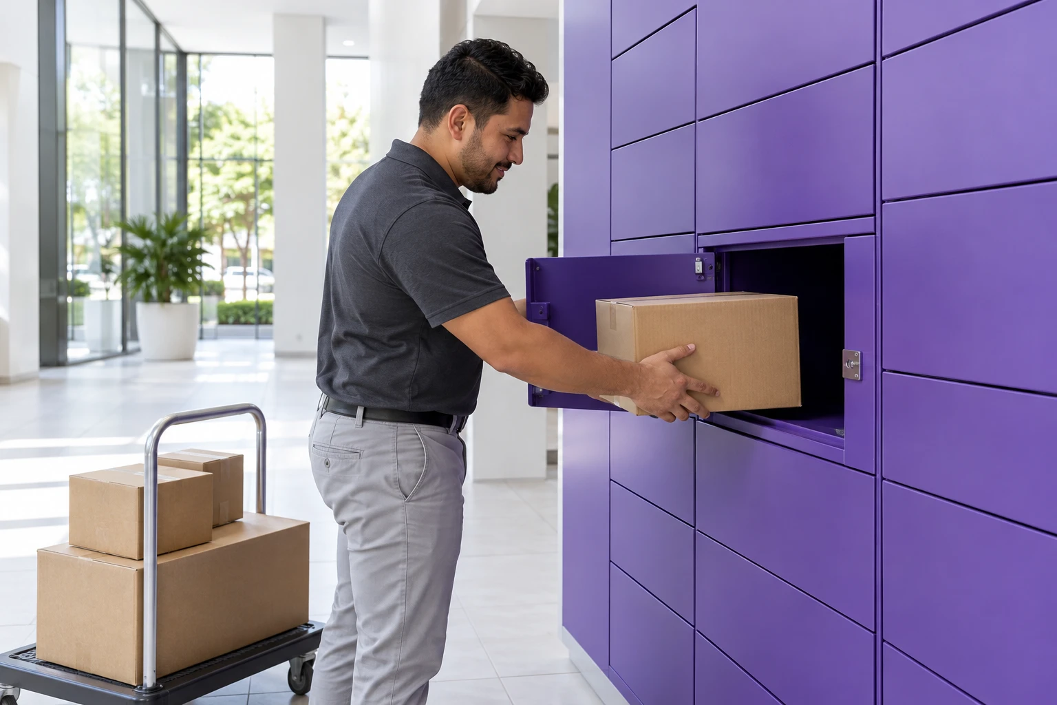 Courier placing an unbranded package in a purple smart locker